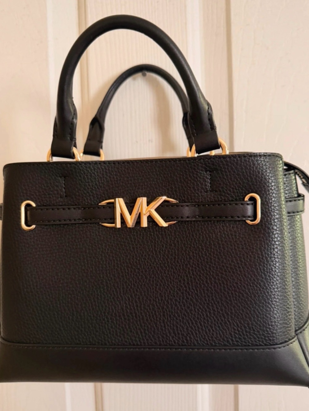 Michael Kors Black Leather Satchel with Gold MK Hardware